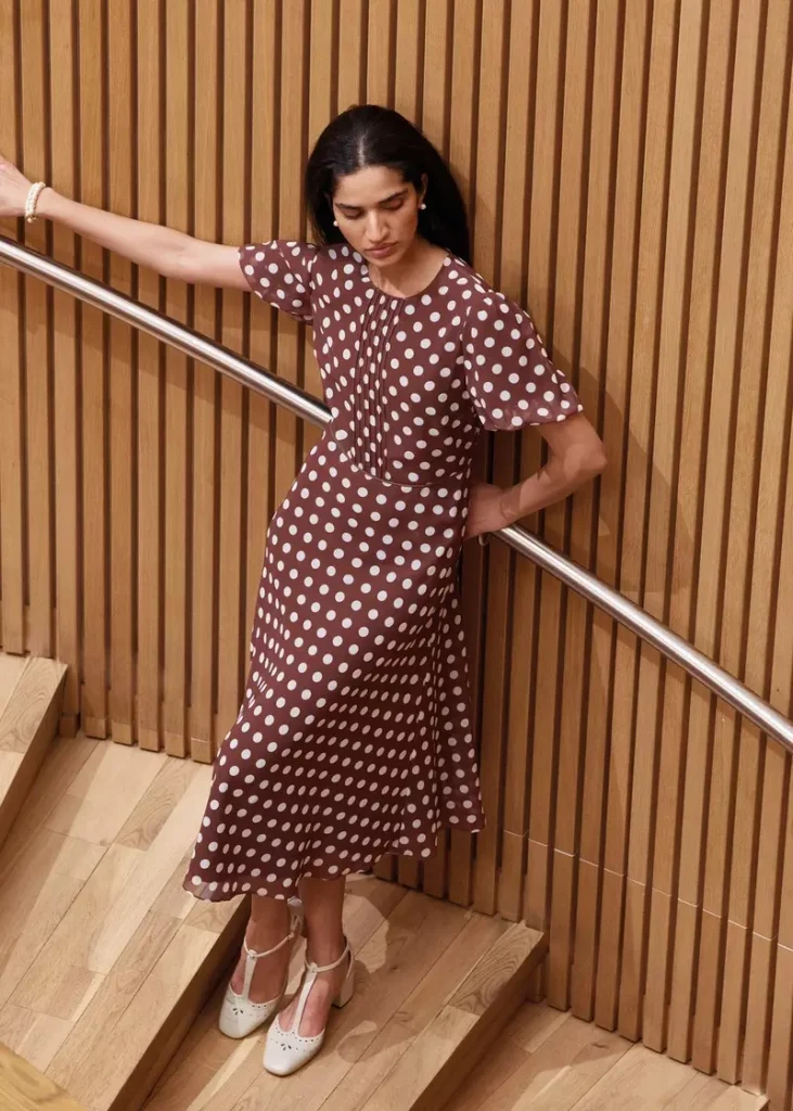 Dorothy Spot Midi Dress, Brown Ivory, hi-res