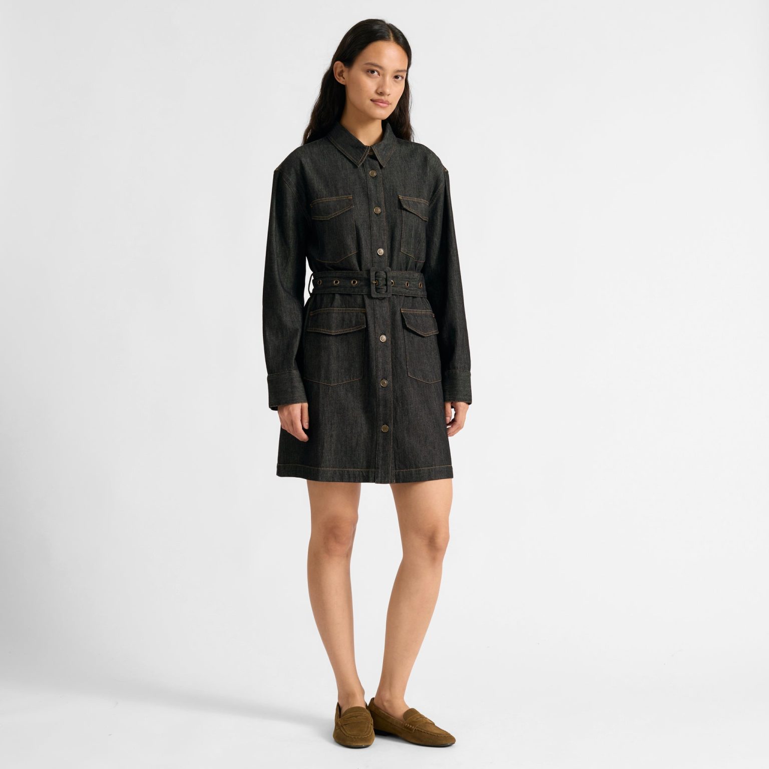 Black Belted Denim Short Dress