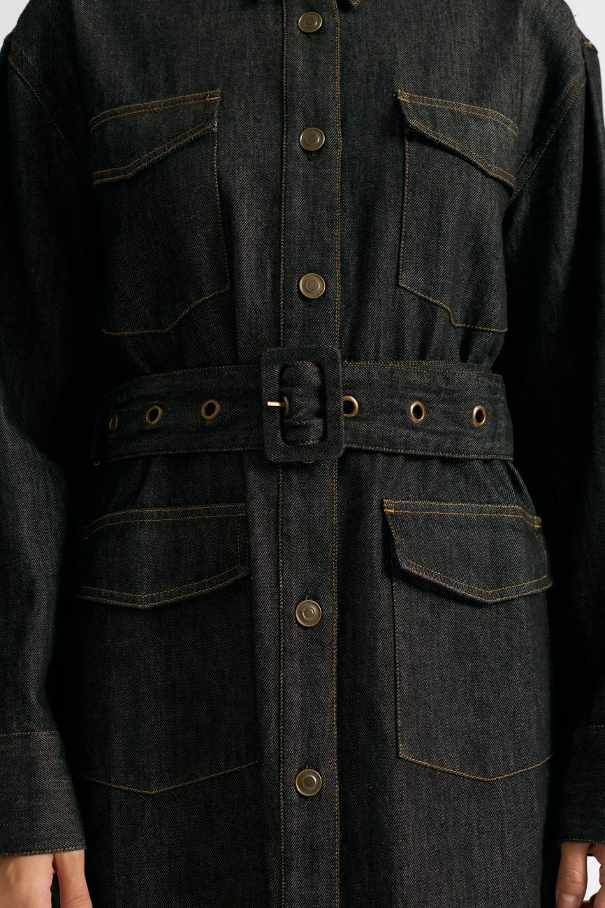 Black Belted Denim Short Dress